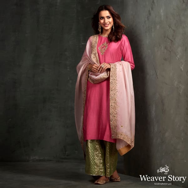 Hand embroidered munga silk kurta with zardozi detailing on the front and neck and sleeves