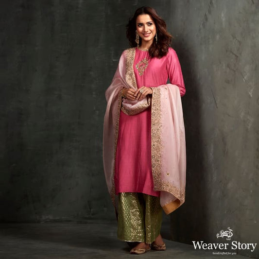 Hand embroidered munga silk kurta with zardozi detailing on the front and neck and sleeves