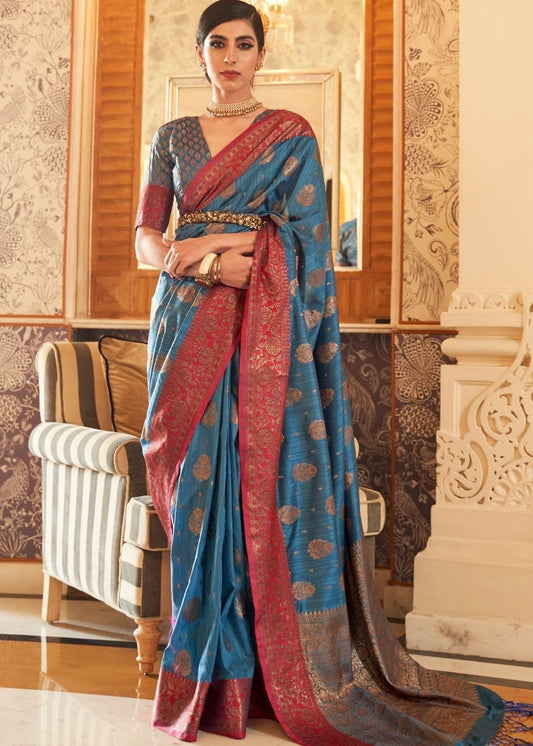 Yale Blue Woven Banarasi Tussar Silk Saree : Top Pick