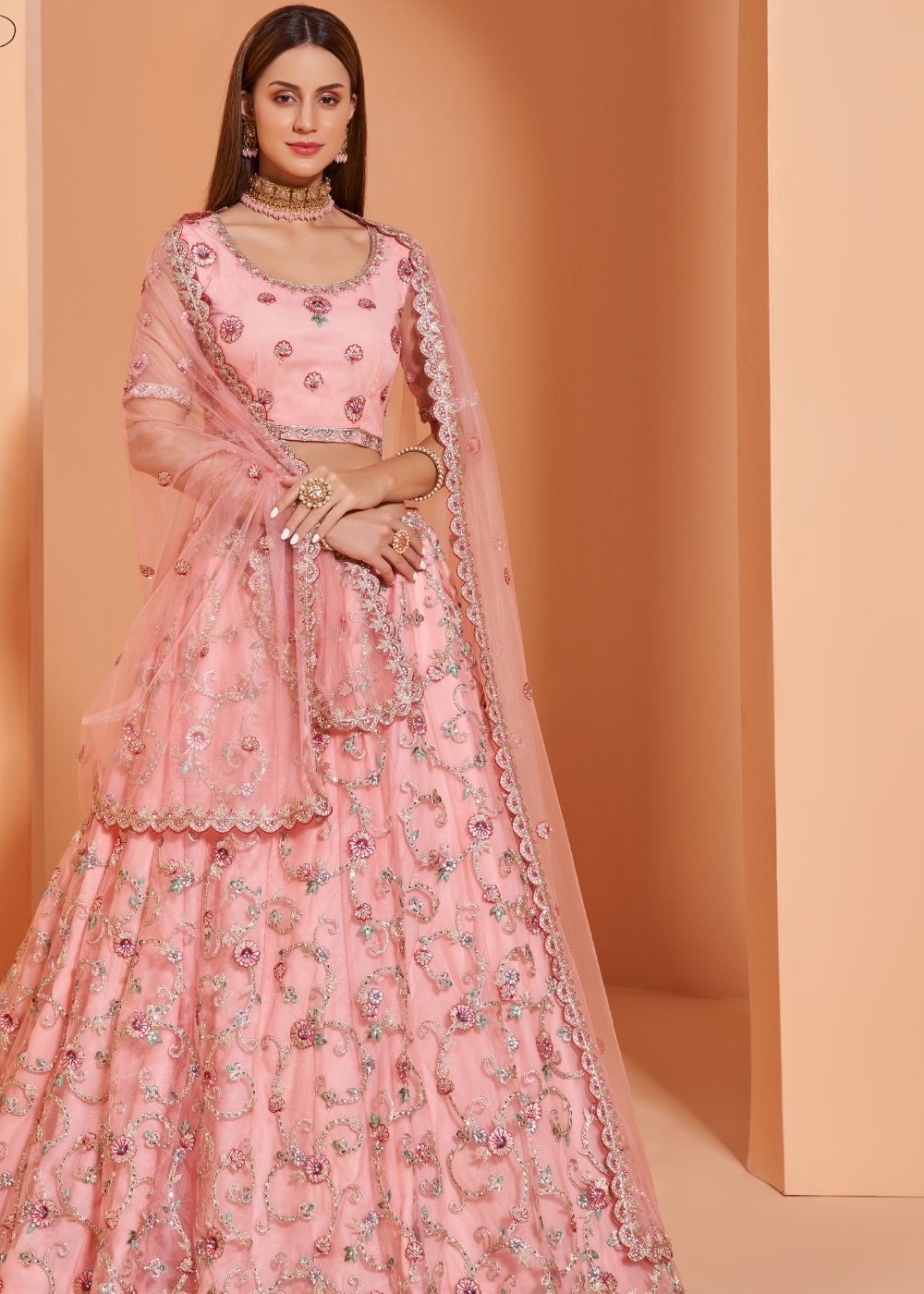 Creamy Pink Net Lehenga Choli with Cording,Thread Embroidery, Zarkan & Badla work