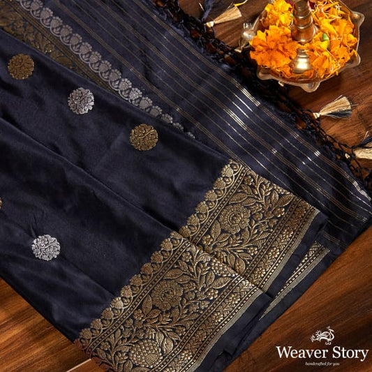Handwoven Black Katan Silk Dupatta with Kadhwa Booti