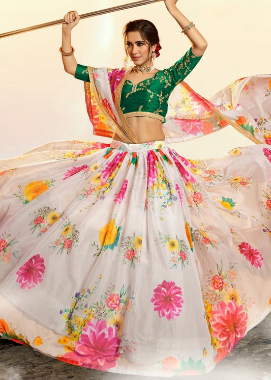 Off-White Organza Designer Printed Floral Lehenga Choli with Sequins and Zari work(Pre-Order)