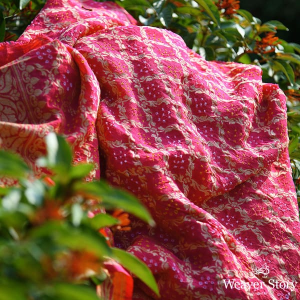 Handwoven Pink Banarasi Bandhej Dupatta
