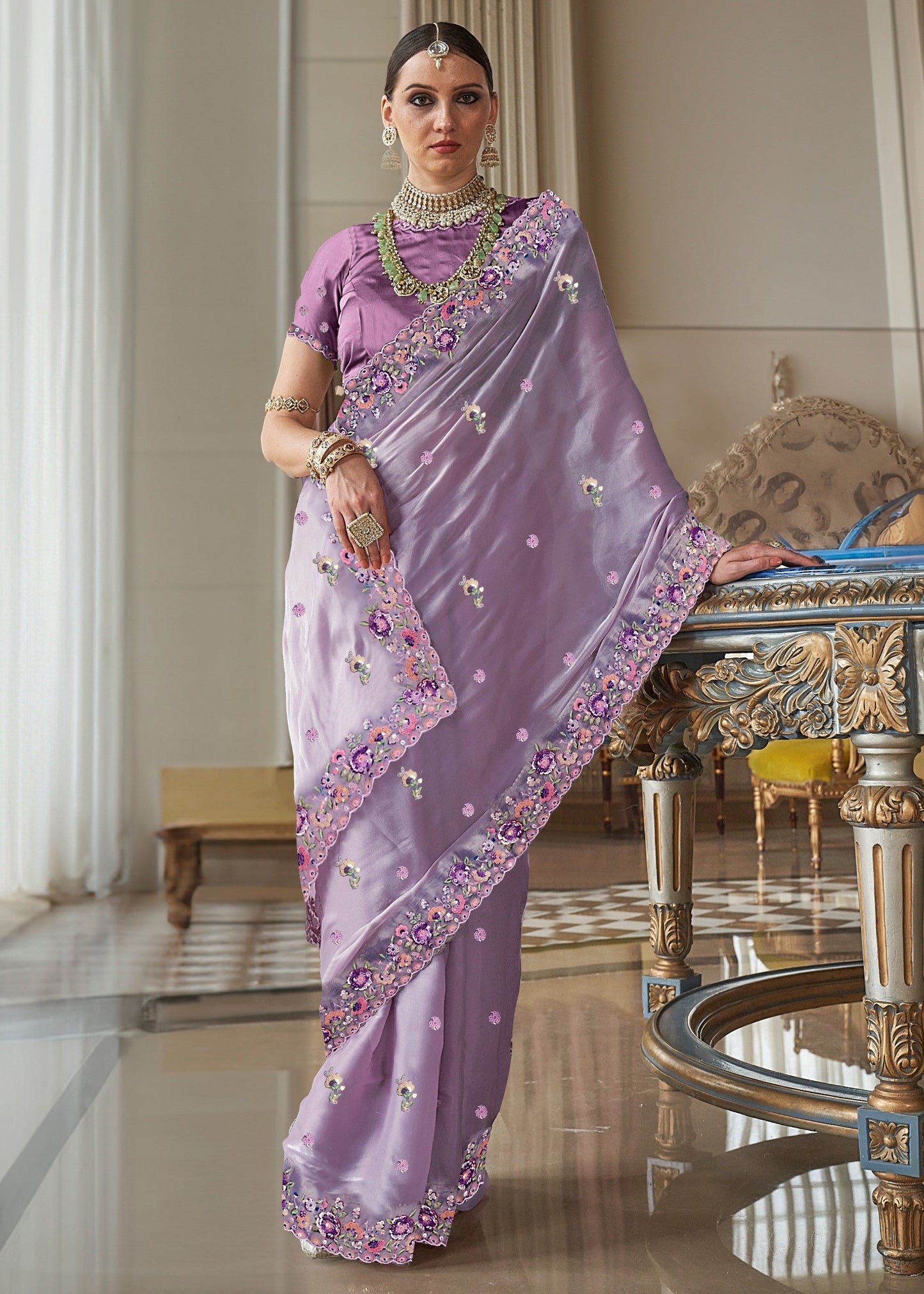 Wisteria Purple Fancy Tissue Saree With Unique Work And Designer Blouse