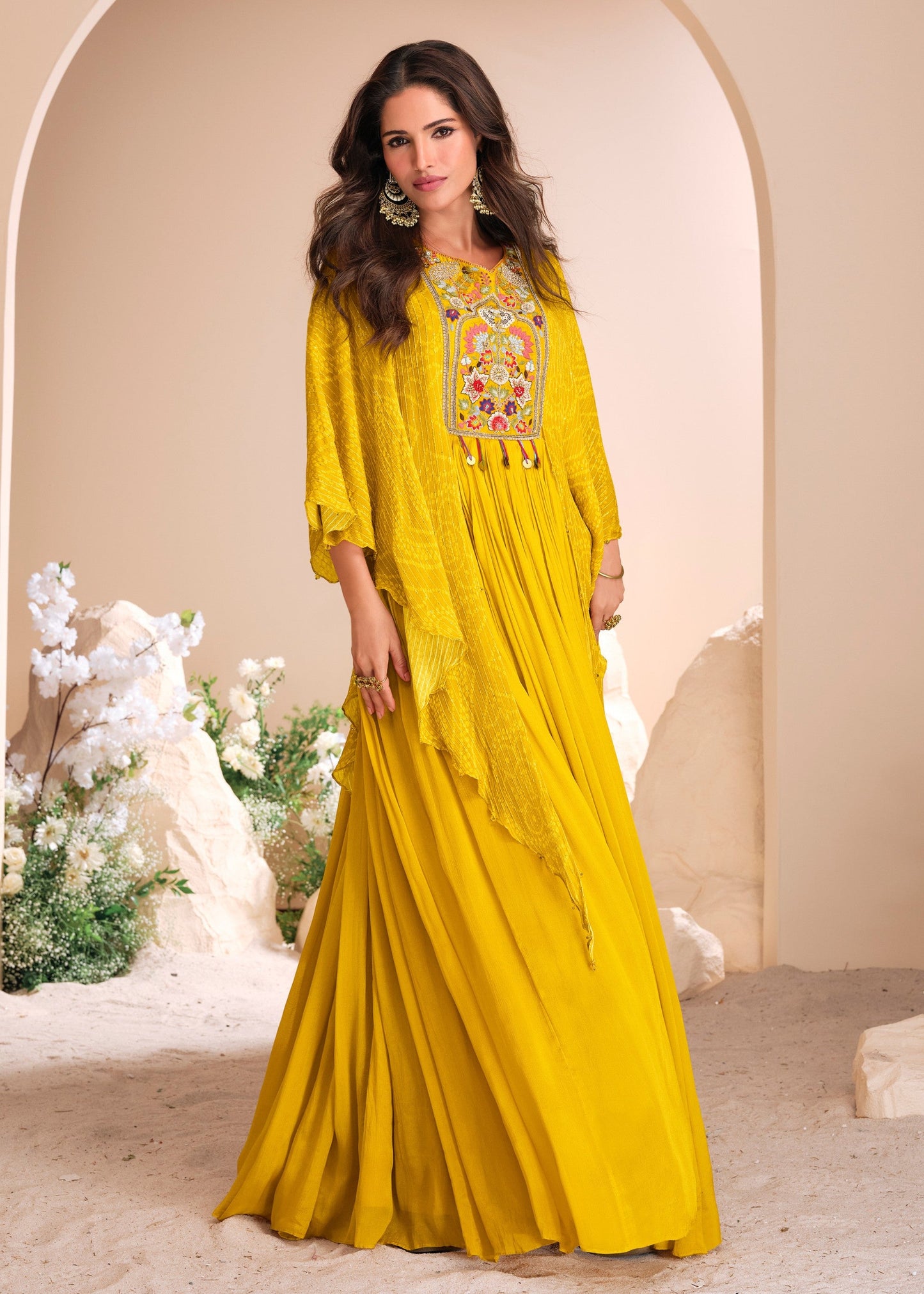 Aureolin Yellow Moti Embroidered Chinon Silk Gown With Digital Sleeves