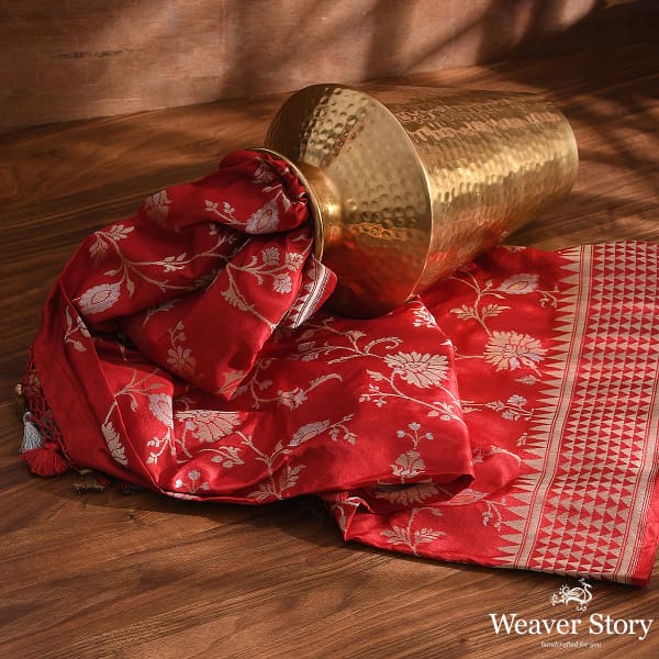 Handwoven Red Banarasi Cutwork Jangla Dupatta