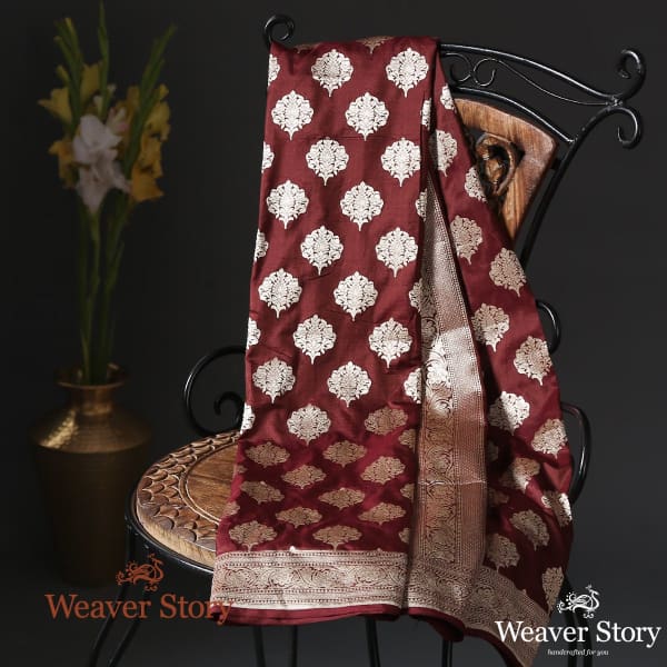 Handwoven Maroon Katan Silk Cutwork Booti Dupatta