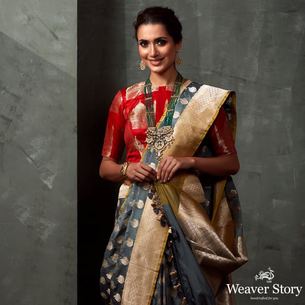 Handwoven Grey Cutwork Booti Saree with Yellow Selvedge