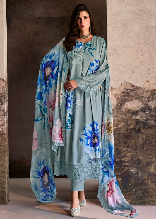 Light Blue Pure Muslin with Digital Print Salwar Suit