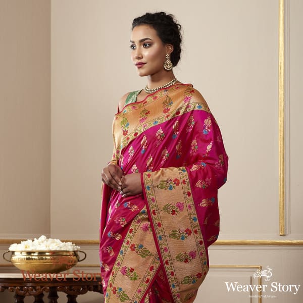 Handwoven Rani Pink with Meenakari, Konia, Real Zari Saree