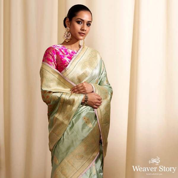 Handloom Sage Green Saree with Meenakari Motifs