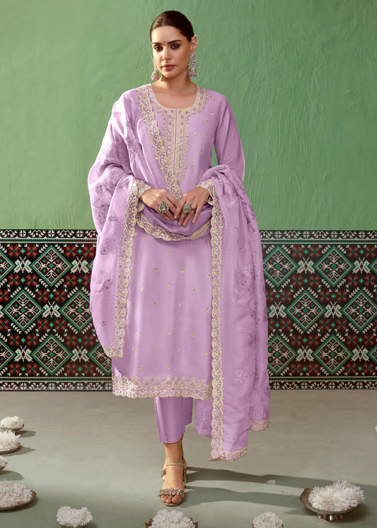 Purple Pure Bamber Silk with Embroidery Salwar Suit