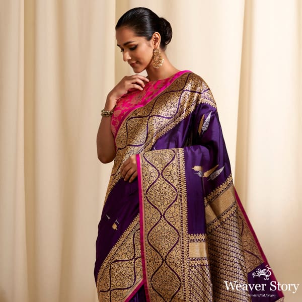 Handwoven Purple Kadhwa Twin Leaf Motif Saree with Wave Border