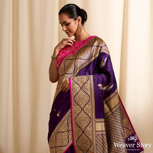 Handwoven Purple Kadhwa Twin Leaf Motif Saree with Wave Border