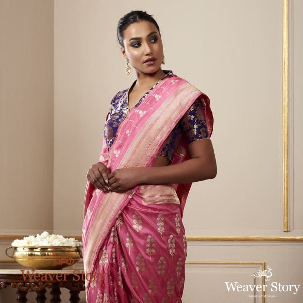 Handwoven Rose Pink Katan Silk Banarasi with SOna Rupa Zari Boota