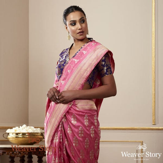 Handwoven Rose Pink Katan Silk Banarasi with SOna Rupa Zari Boota