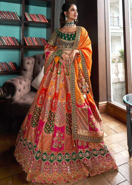 Green & Yellow Banarasi Silk Lehenga with Zarkan Codding work