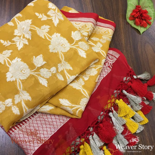 Handwoven Banarasi Georgette Dupatta in Mustard with Red Borders