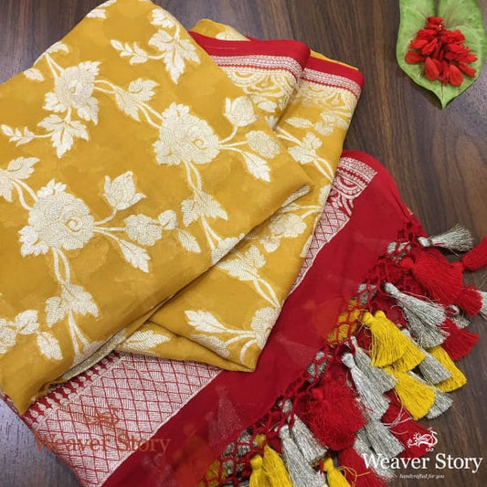 Handwoven Banarasi Georgette Dupatta in Mustard with Red Borders