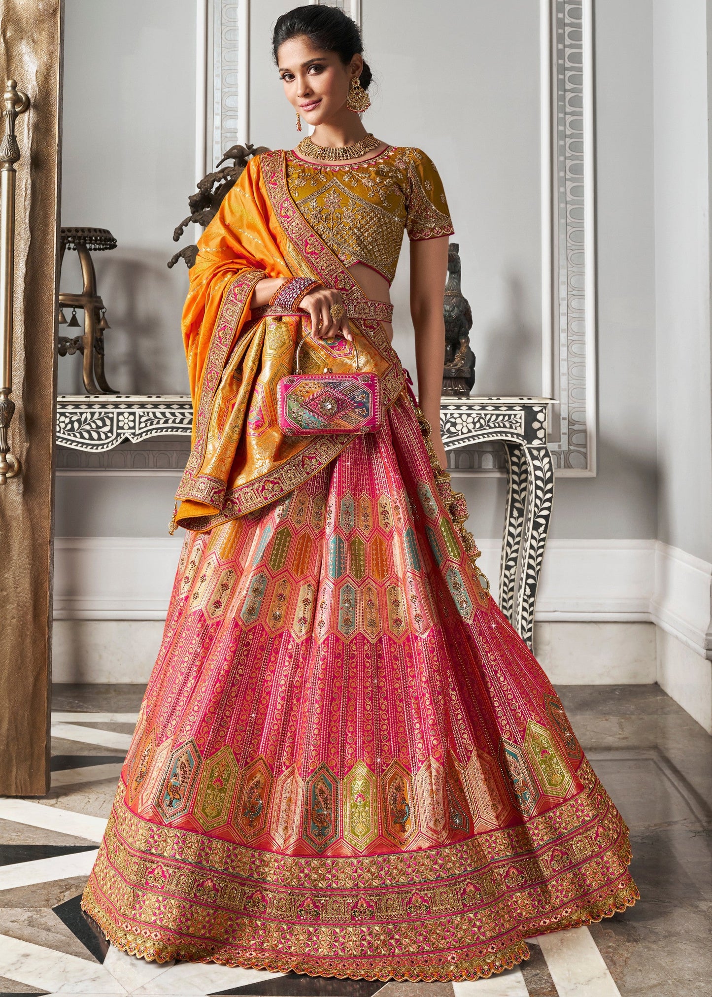 Mustard Yellow & Orange Banarasi Silk Lehenga with Zarkan Codding work