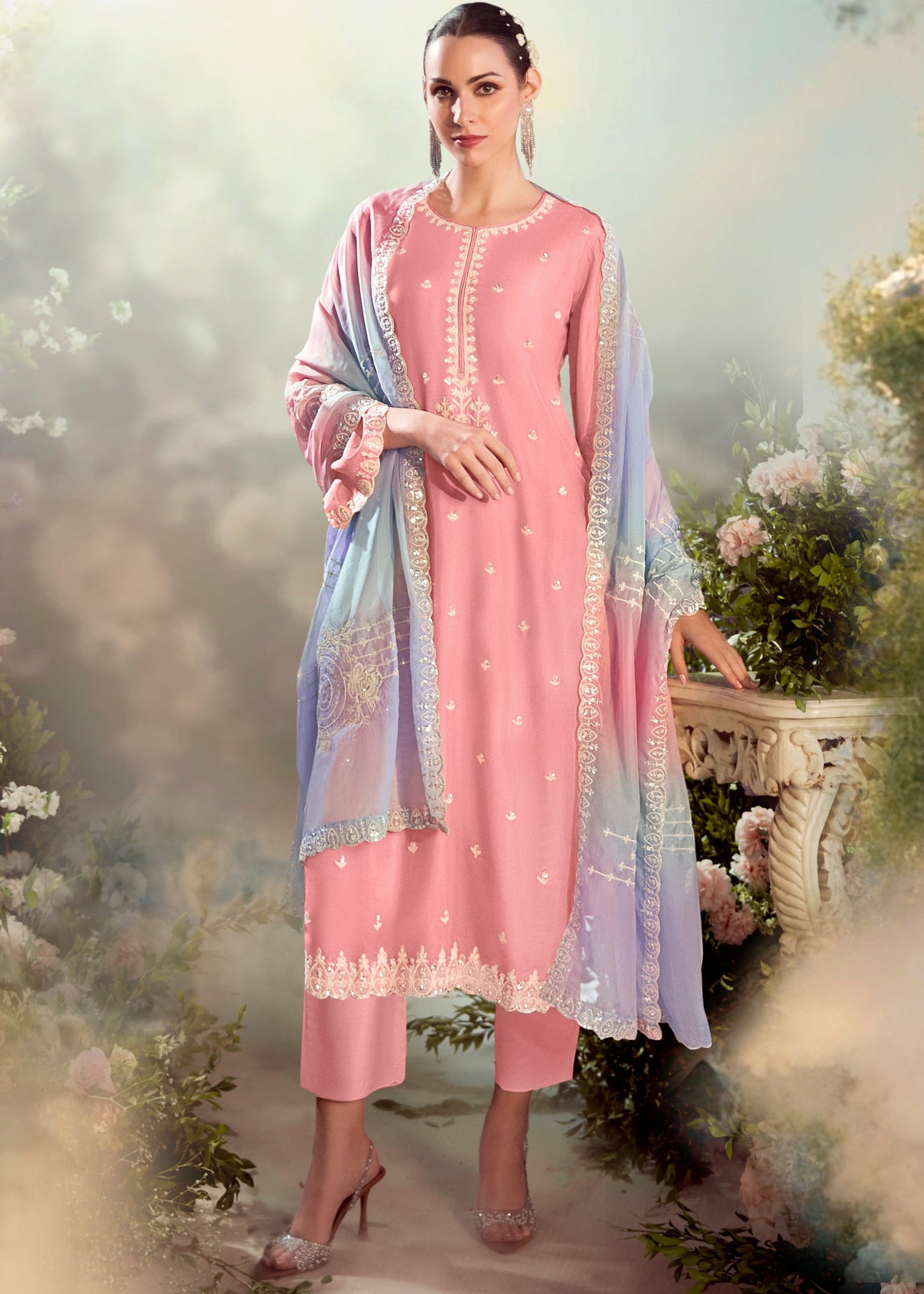 Pastel Pink Modale Silk Salwar Suit With Embroidery