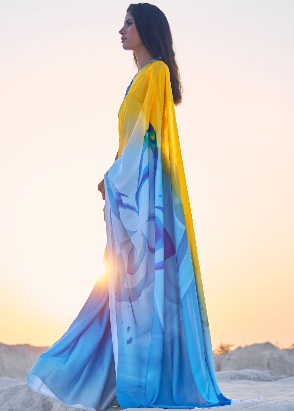 Maya Blue Digital Printed Crepe Silk Saree: Top Pick