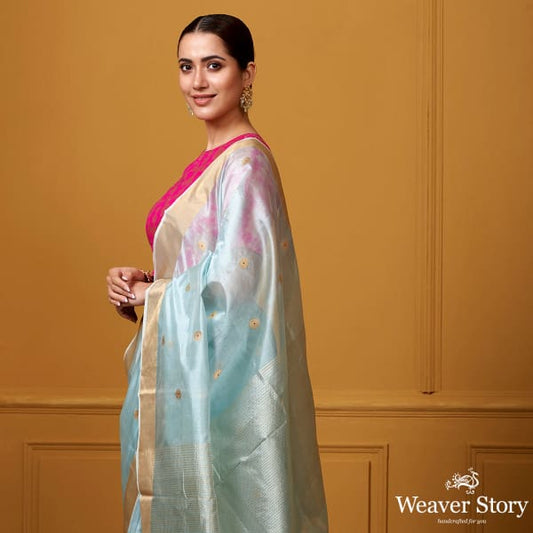 Handwoven Sky Blue Small Asharfi Boota Saree With Red Meena