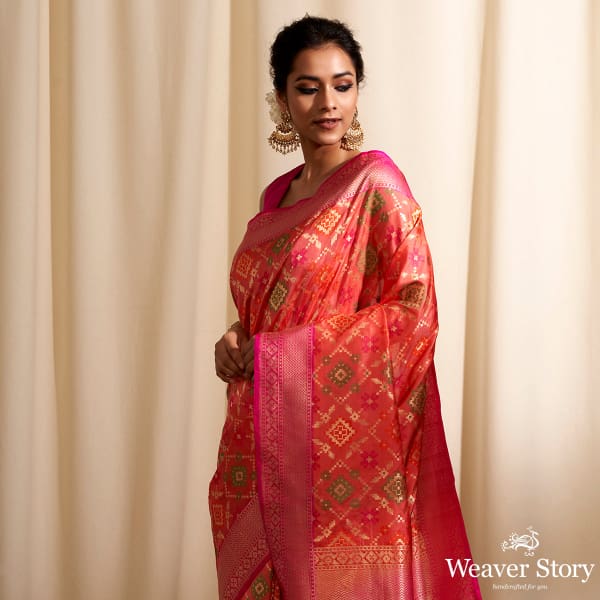 Handwoven Orange Banarasi Patola Saree with Pink Border