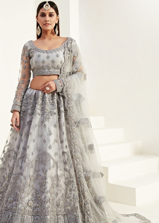Pewter Grey Soft Net Lehenga Choli with Coding, Thread, Stonework & Badla Embroidery(Pre-order)
