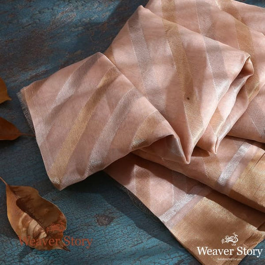 Handwoven Light Peach Cotton Silk Chanderi Dupatta with Gold and Silver Zari