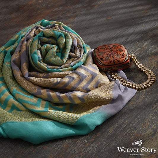 Handwoven Green and Grey Ombre Dyed Banarasi Georgette Dupatta