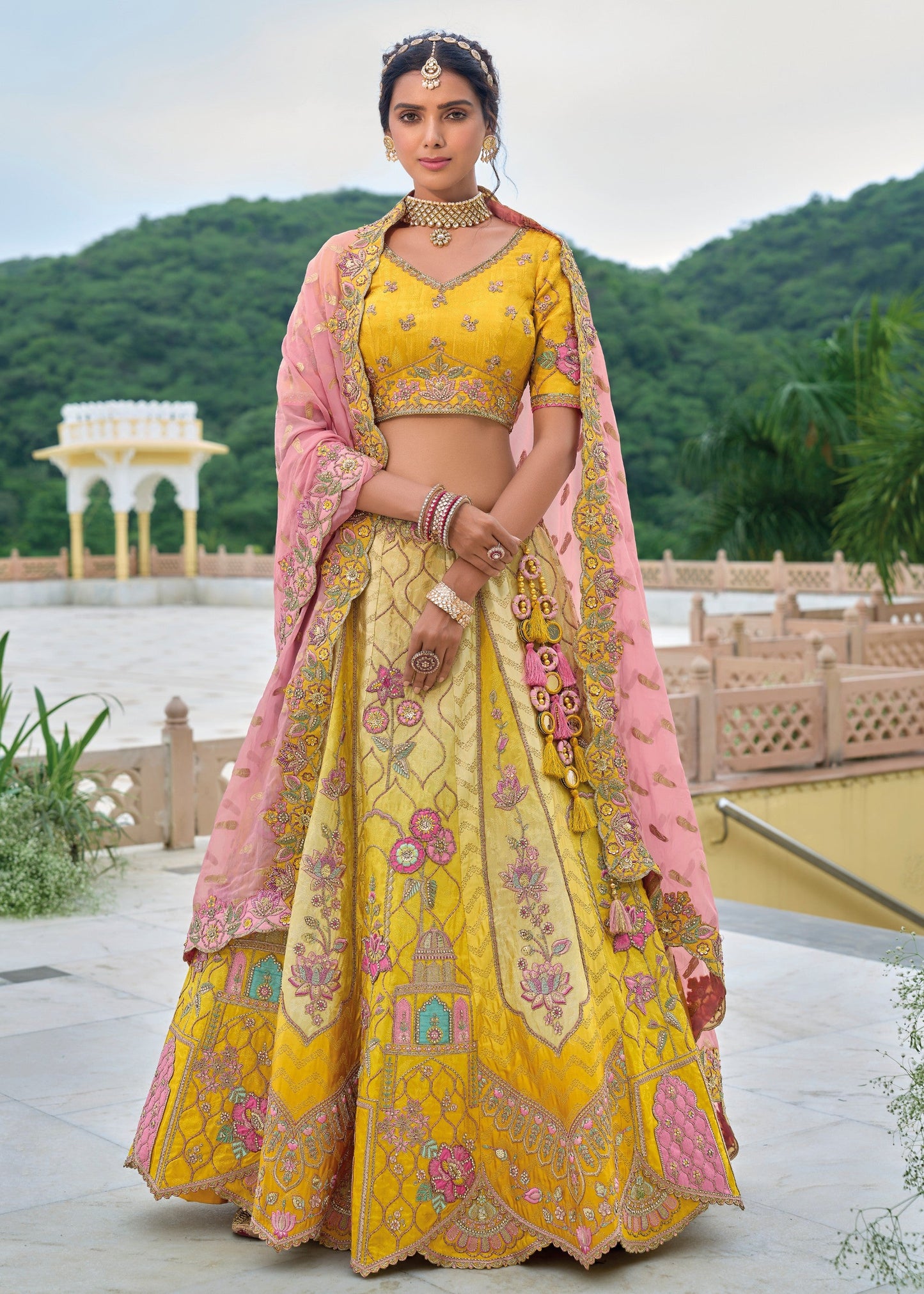 Canary Yellow and Pink Viscose Tissue Lehenga Choli with Embroidery Work