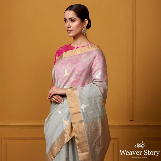 Handwoven Grey Bird Motif Saree