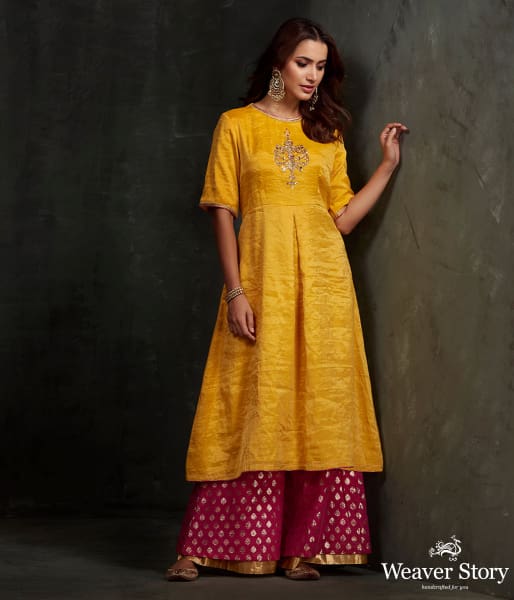 Hand embroidered munga silk suit in mustard color with brocade palazzo