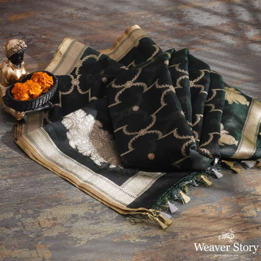 Handwoven Green Kora Silk Jaal Dupatta