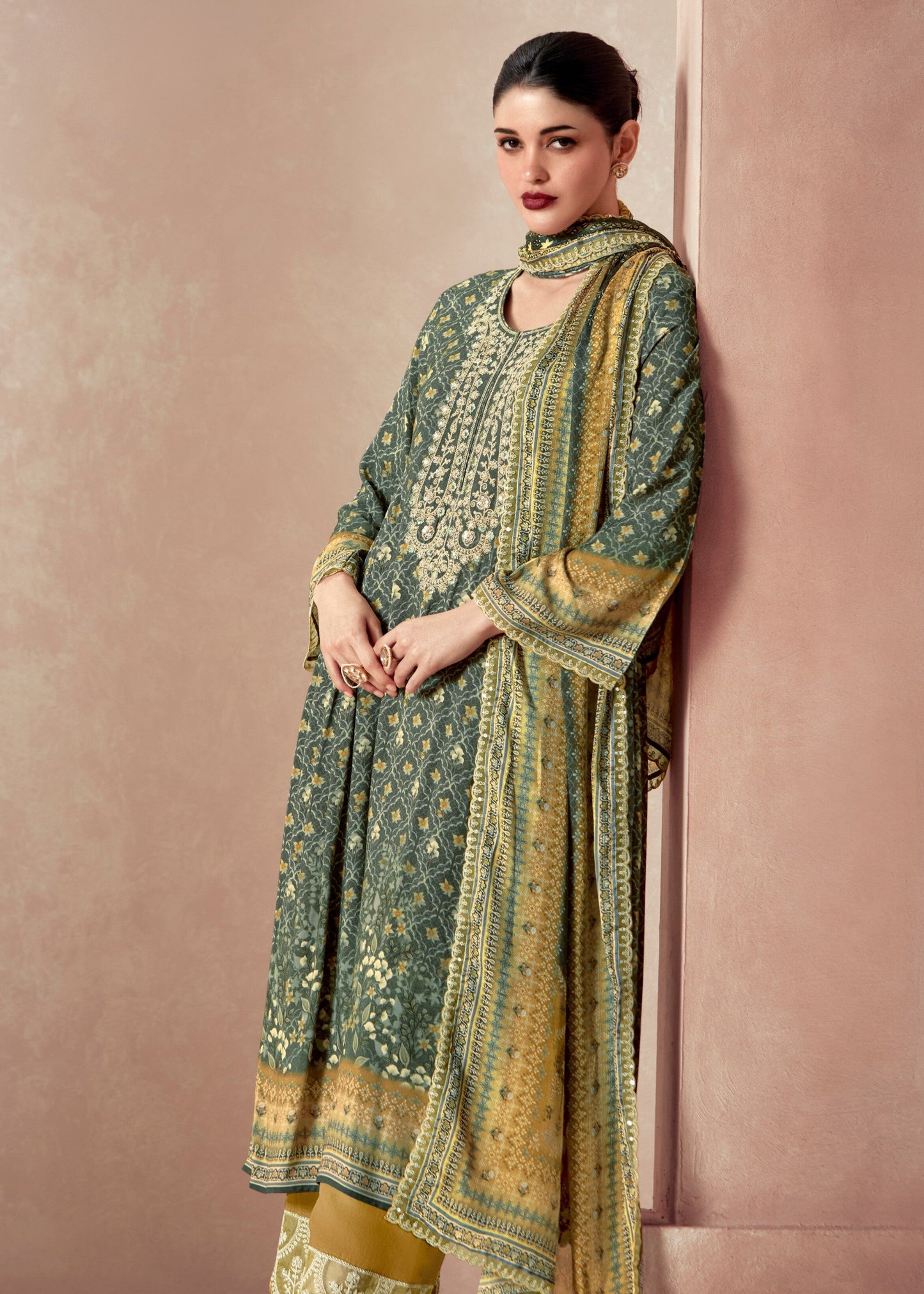 Green-Yellow Pure Muslin with Dori Embroidery Salwar Suit