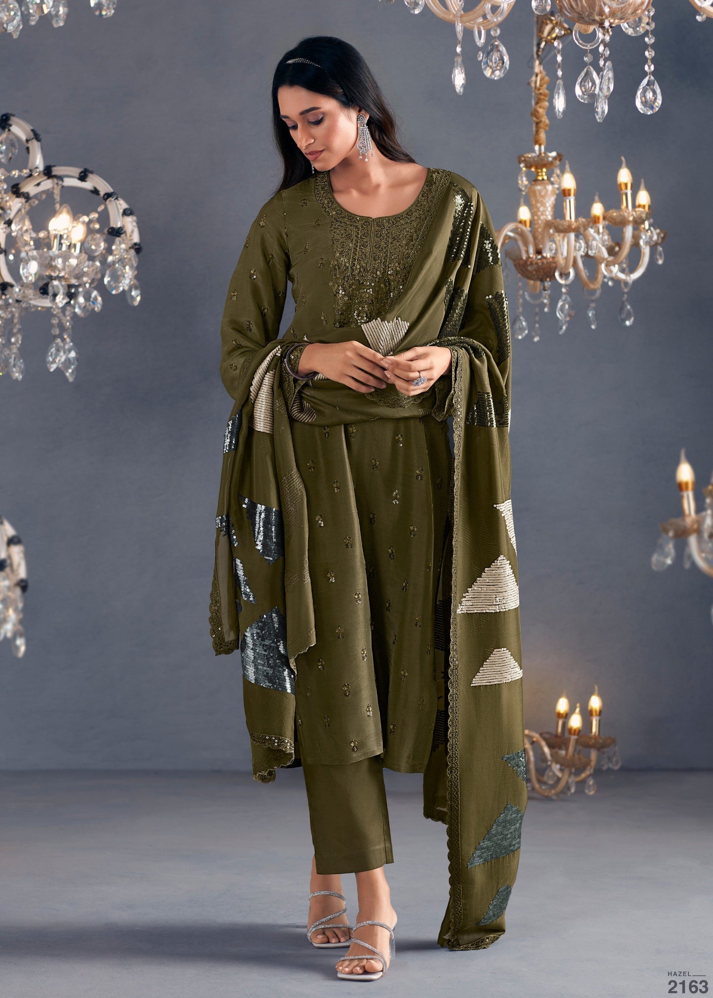 Mehandi green hazel Russian Silk Sequins Salwar Suit