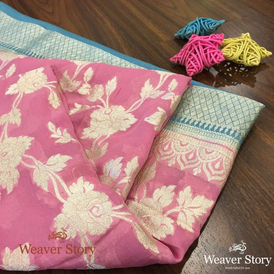 Handwoven Pink Banarasi Georgette Dupatta with Blue Borders