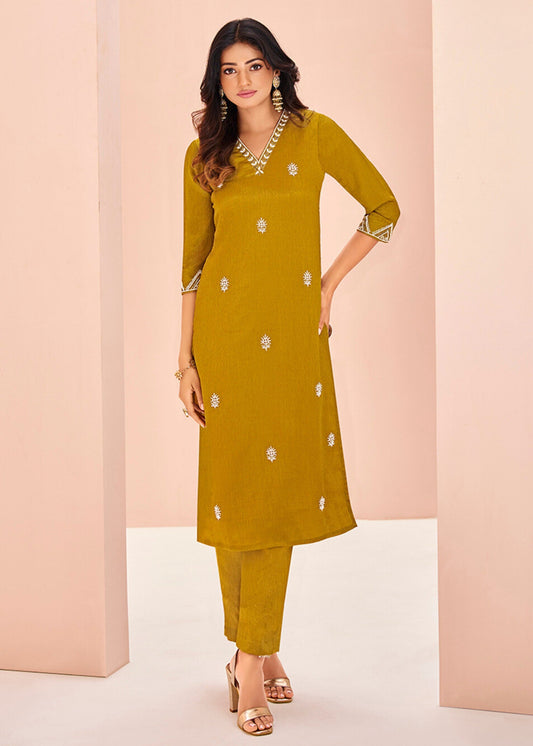 Chinon Mustard Handwork Kurta with Trouser