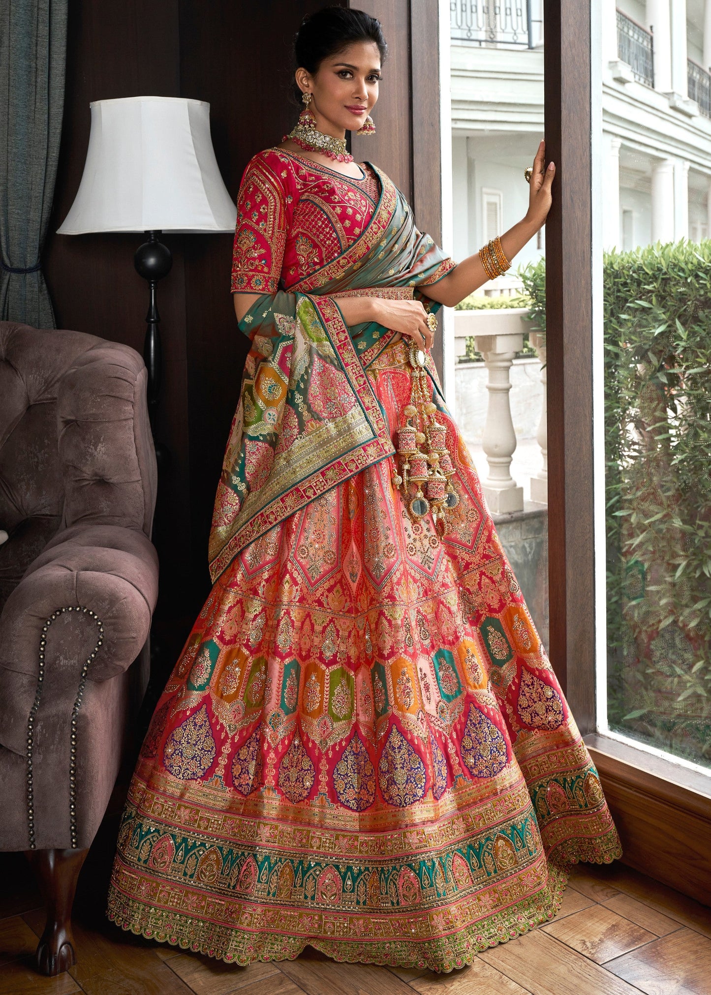 Jade Green & Pink Banarasi Silk Lehenga with Zarkan Codding work