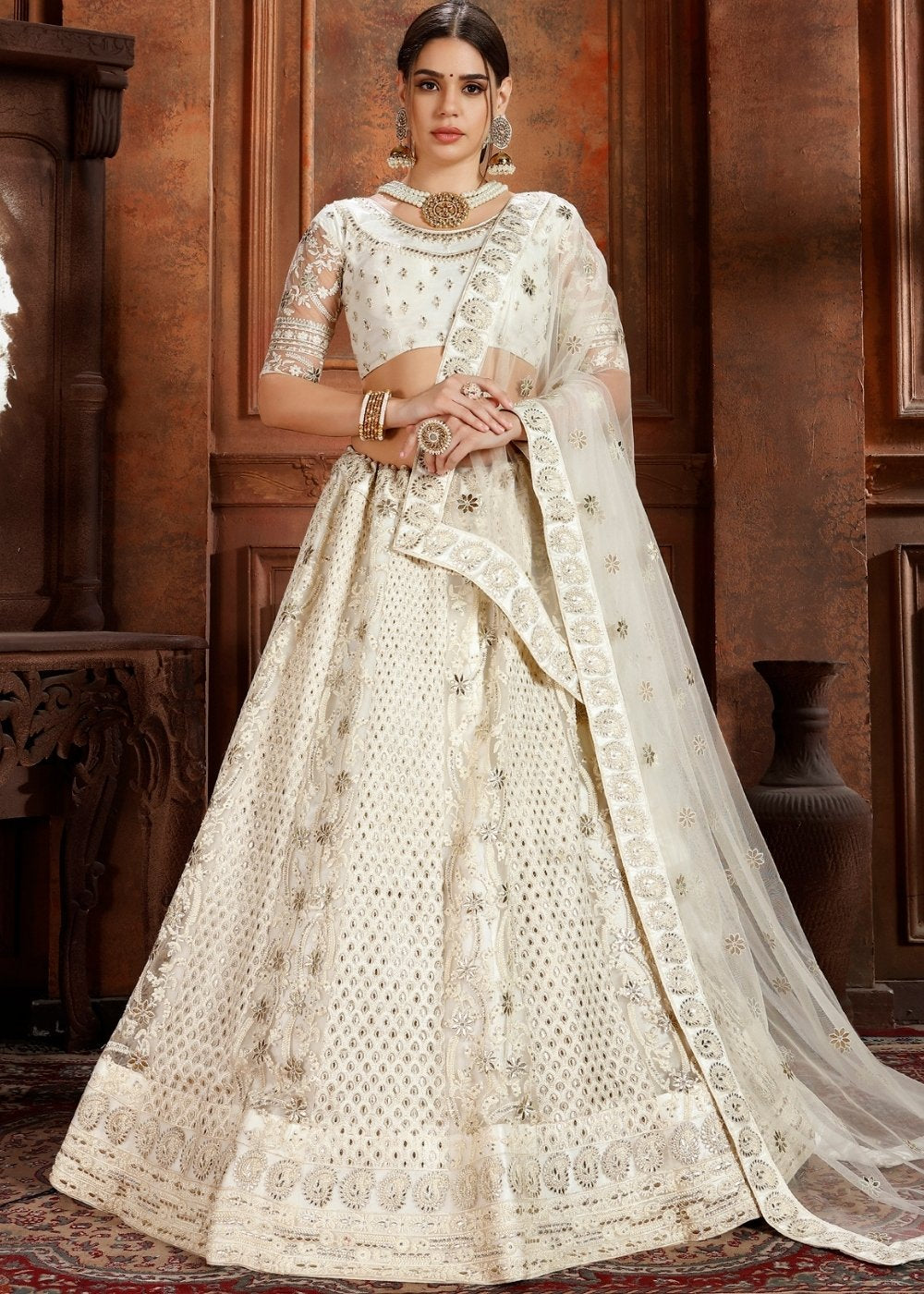 Daisy White Soft Net Lehenga Choli with Thread,Zari, Zarkan & Pearl work