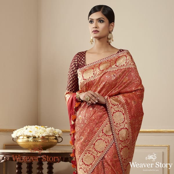 Handwoven Red Kimkhab Saree with Meenakari