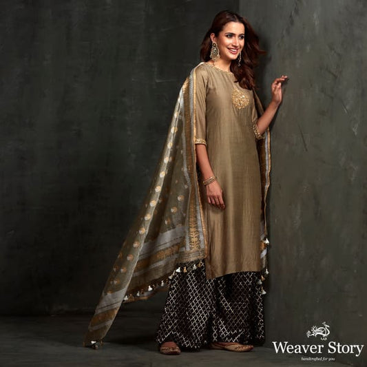 Hand embroidered munga silk suit in olive green color with brocade palazzo