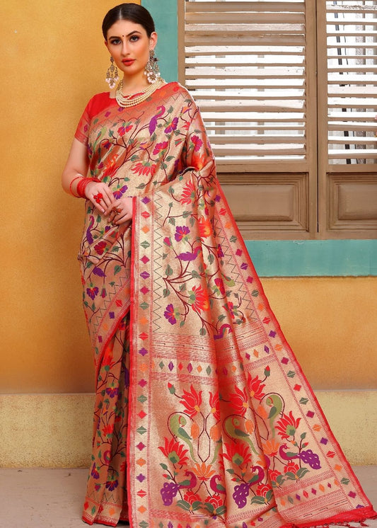 Cherry Red and Golden Blend  Paithani Silk Saree