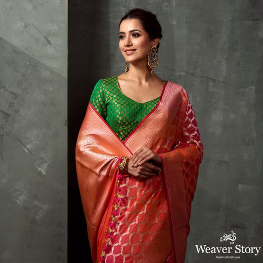 Handwoven Orange Cutwork Jangla Saree