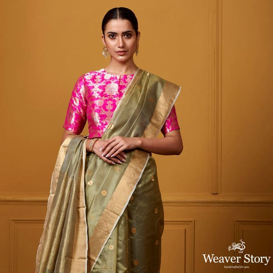 Handwoven Pista Green Small Asharfi Booti Saree With Red Meena