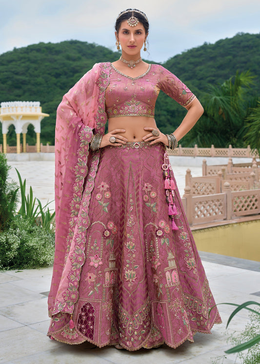 Smitten Pink Viscose Tissue Lehenga Choli with Embroidery Work