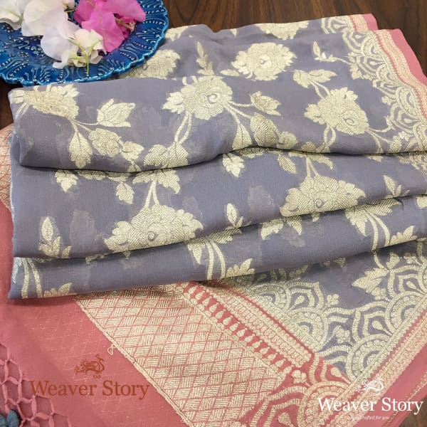 Handwoven Grey Banarasi Georgette Dupatta with Pink Border