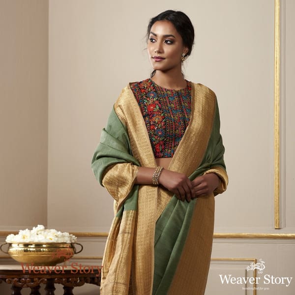Handwoven Pista Green Pashmina Saree