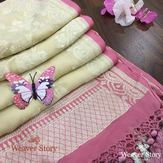 Handwoven Banarasi Georgette Dupatta in Beige with Pink